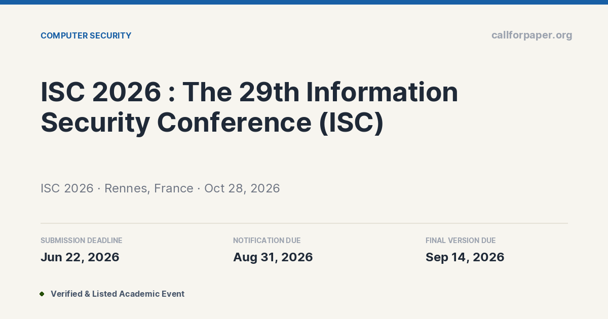 ISC 2026 Call for Papers & Submission Deadline | Rennes, France · Oct 2026
