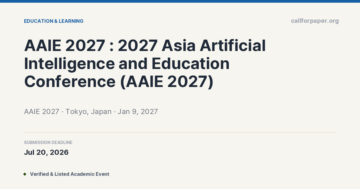 AAIE 2027 Call for Papers & Deadline | Tokyo, Japan (Jan 2027)