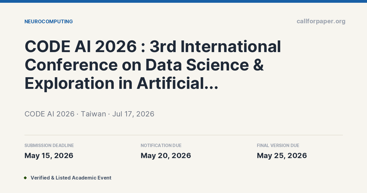 CODE AI 2026 Call for Papers & Submission Deadline | Taiwan · Jul 2026