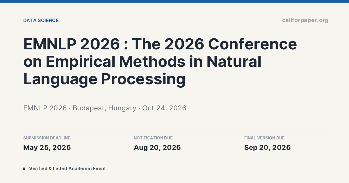 Emnlp Poster.pdf EMNLP 2026 Call for Papers & Deadline | Budapest, Hungary (Oct 2026)