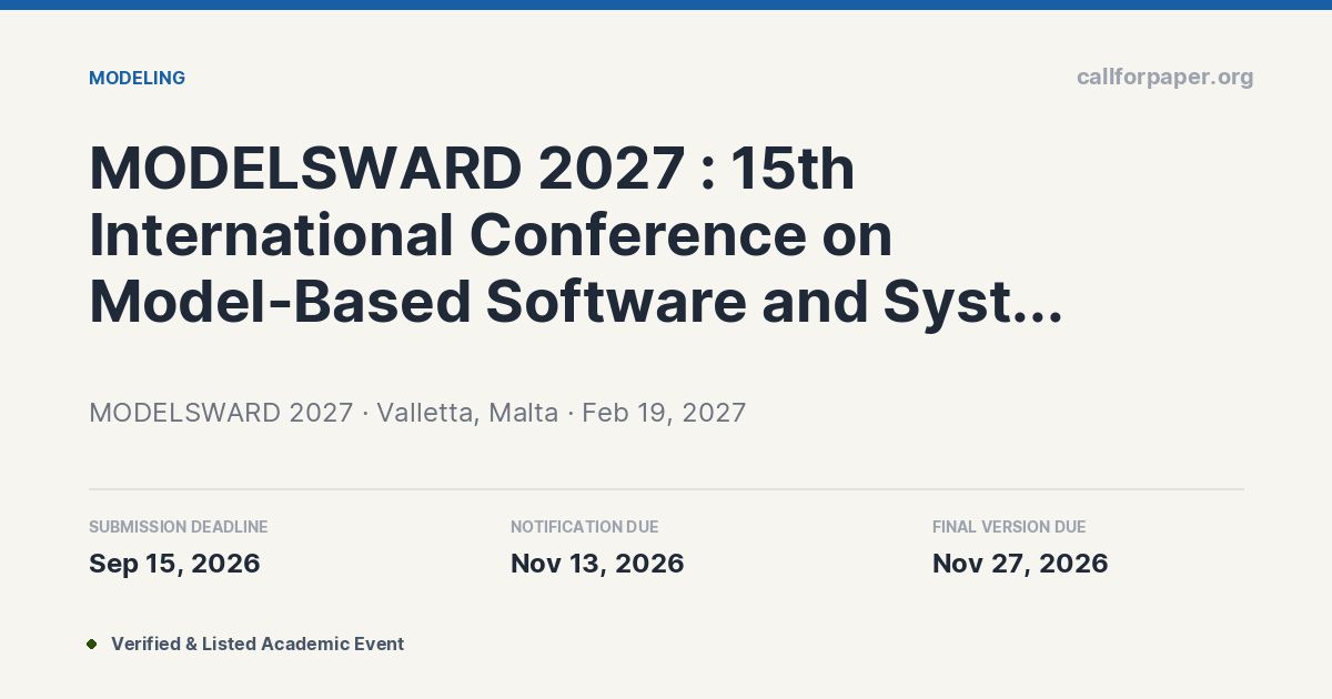 MODELSWARD 2027 Call for Papers & Deadline | Valletta, Malta (Feb 2027)