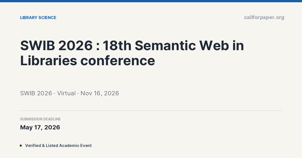 SWIB 2026 Call for Papers & Deadline | Virtual (Nov 2026)